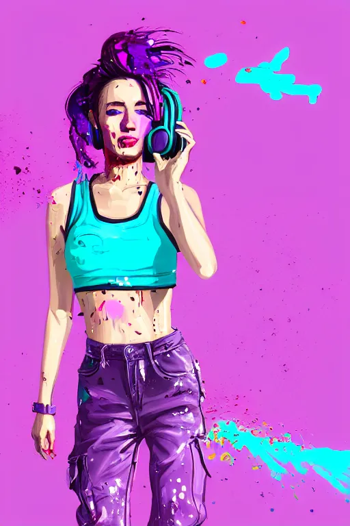 Image similar to a award winning half body portrait of a beautiful woman in a croptop and cargo pants with ombre purple pink teal hairstyle with head in motion and hair flying listenin to music on headphones by wlop, paint splashes and splatter, outrun, vaporware, shaded flat illustration, digital art, trending on artstation, highly detailed, fine detail, intricate