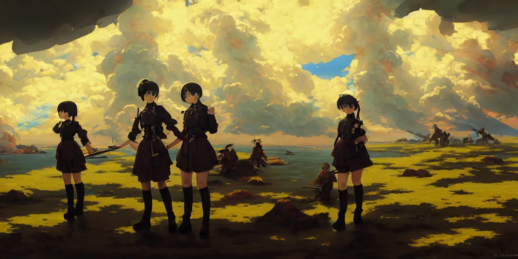 Prompt: baroque oil painting of key visual environment concept art, anime maid army division, nazi military ss uniform, brutalist fantasy, rule of thirds golden ratio, fake detail, trending pixiv fanbox, acrylic palette knife, style of makoto shinkai ghibli takashi takeuchi yoshiyuki sadamoto jamie wyeth james gilleard greg rutkowski chiho aoshima