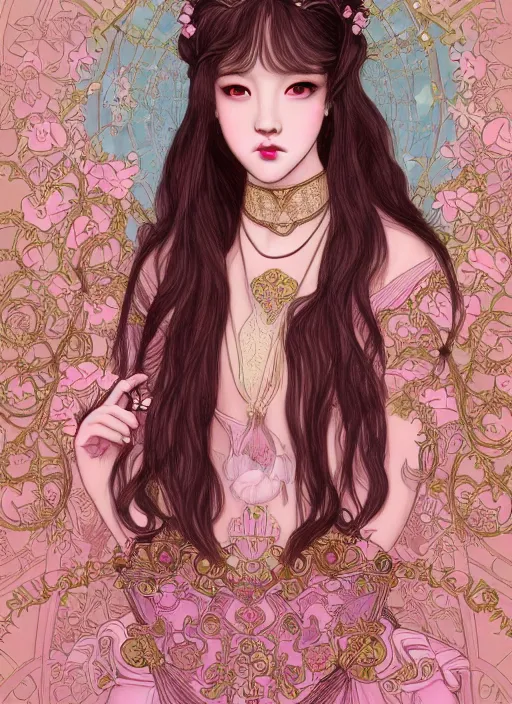 Image similar to Lisa from Black Pink Kpop as magical princess, dreamy and ethereal, big pink eyes, pink blushes, peaceful expression, fantasy, intricate pink and gold ornate dress, modeling for Dulce and Gabanna, accurately portrayed, portrait art by James Jean and Alphonse mucha, highly detailed, digital painting, concept art, illustration, multiversal paradise shining rgb luxurious lights, trending on artstation, very detailed, smooth, sharp focus, octane render, close up