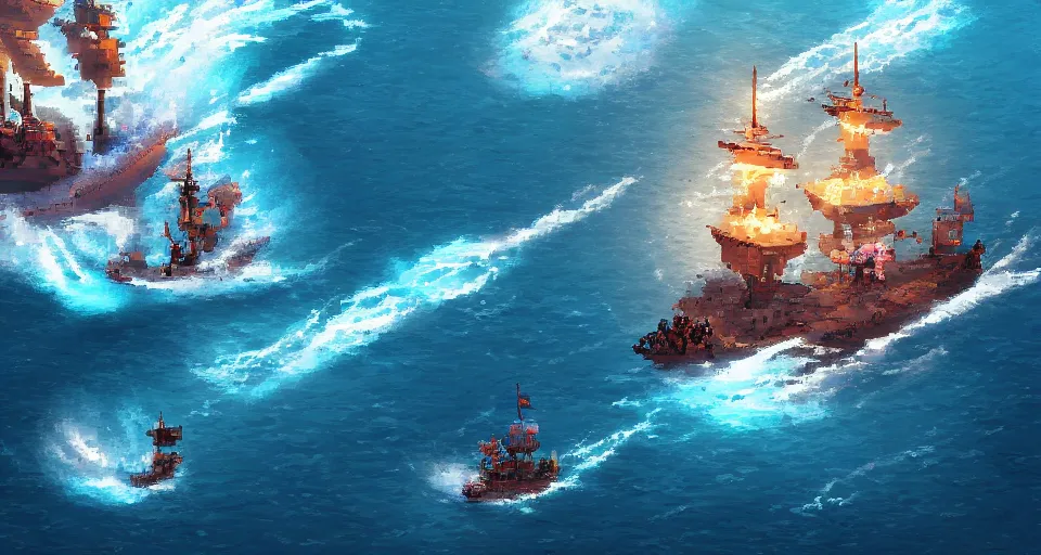 Image similar to Pixelart of a pirates battles in the ocean, volumetric lighting, digital pixel art, pixiv, by Aenami