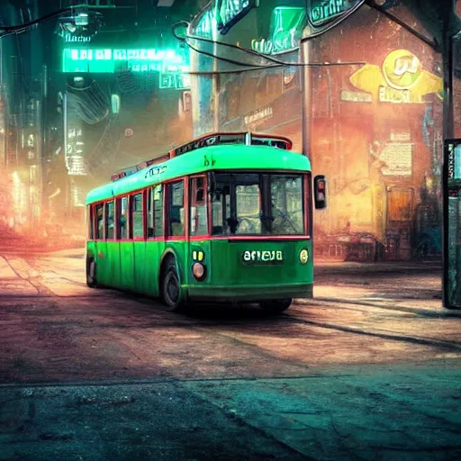 Prompt: an old shabby green trolleybus stands at a stop on the other planet, headlights shine with neon light, in the background in the distance the earth, atmospheric, futuristic, cyberpunk, 8 k resolution, ultra detailed