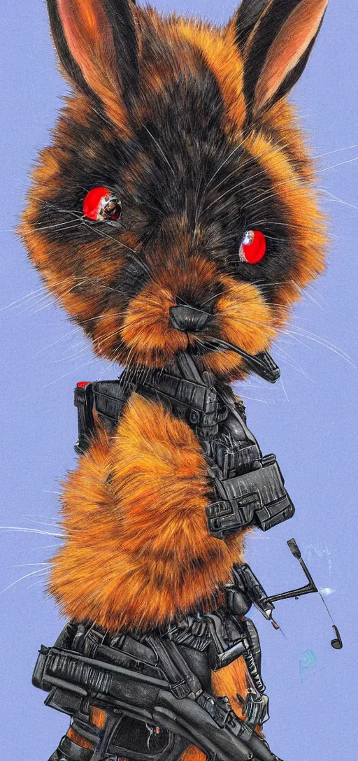 Image similar to portrait of neon fur rabbit with red eyes and a machine gun , 8k, highly detailed, sharp, realistic, in style of Brom