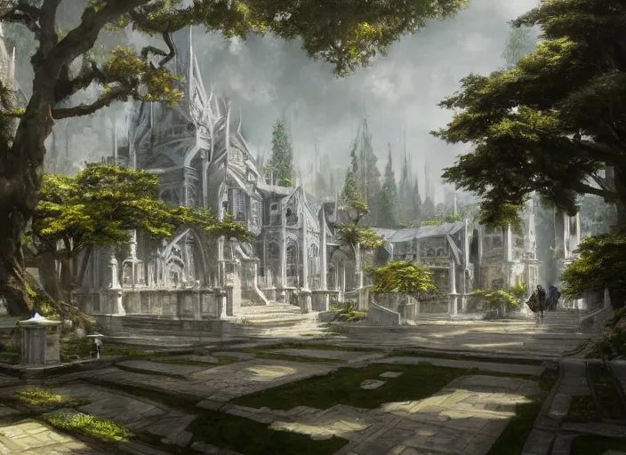 Image similar to A college in a beautiful elven city made of white marble, anime, lush trees, fountain, a fantasy digital painting by Greg Rutkowski and James Gurney, trending on Artstation, highly detailed