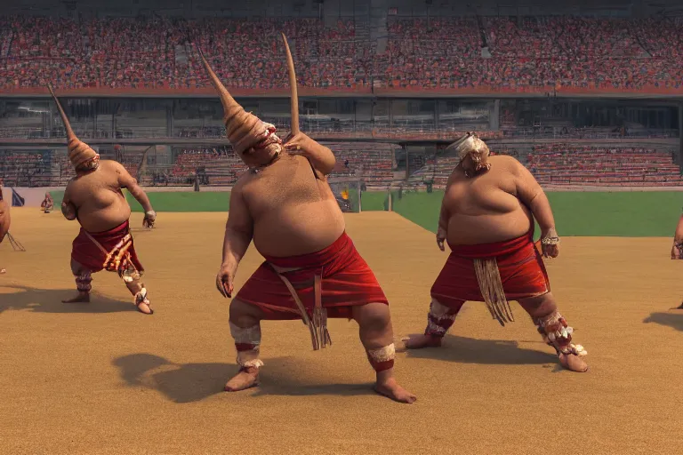 Image similar to Konishiki attempts to become the ox king by using a large, black, spiked kanabo. Background, a baseball stadium that is filled with people in the stands. The sun is coming down as the stadium lights shine on the field. Realistic Fantasy Render. 4K HD. Unreal Engine.