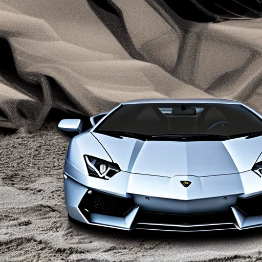 Image similar to A beautiful silver Lamborghini aventador on the beach, 8k, ray tracing reflections