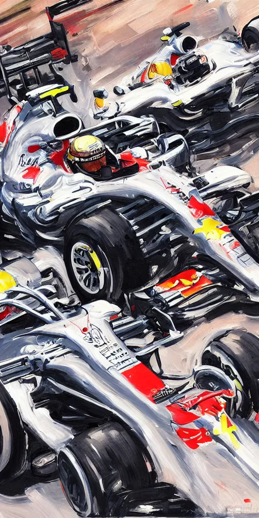 Image similar to oil painting scene from f1 racing by kim jung gi