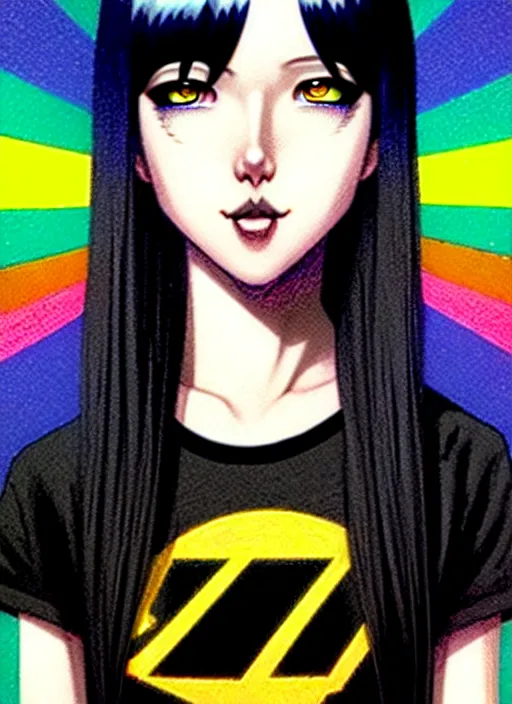 Image similar to richly detailed colored pencil 3 d illustration woman silky straight black hair with iridescence wearing nirvana logo tshirt and short black shorts, she staring at the camera happily art by range murata and artgerm.