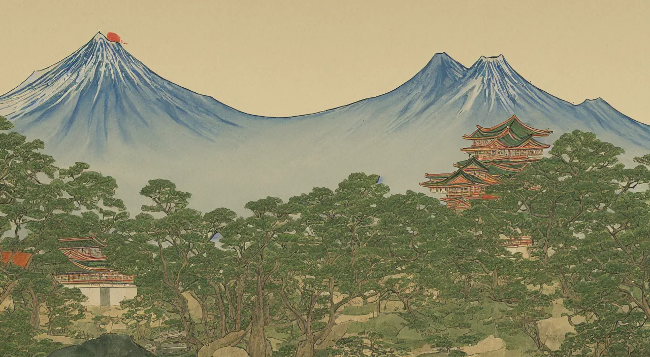 Image similar to a painting of a Japanese castle, with a garden as foreground, with mountains as background