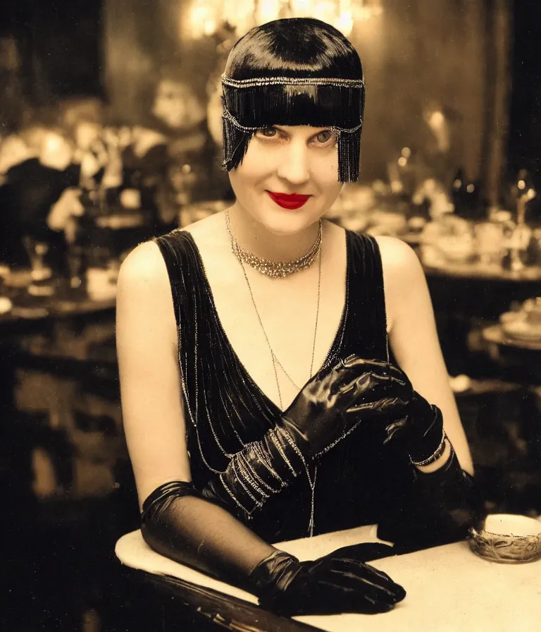 Prompt: close - up antique grainy colored photo of a 1 9 2 0 s short - haired flapper woman in black satin gloves sitting at a table and smirking seductively at the camera. in the background there is a crowded party in a dimly lit speakeasy lounge, jazz age, cohesive, 5 0 mm photography, precise, cinematic, low - lighting, photography