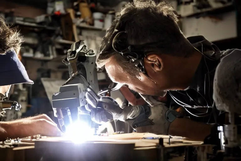 Image similar to cinematography closeup portrait of a Man soldering repairing robot parts in his garage by Emmanuel Lubezki