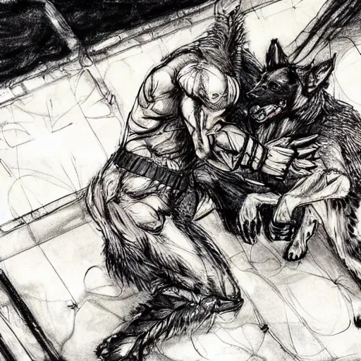 Image similar to a humanoid german shepherd beast - man wrestling with another german shepherd in the middle of an arena, pencil art, added detail, high definiton, colored, aerial viewyoji shinkawa