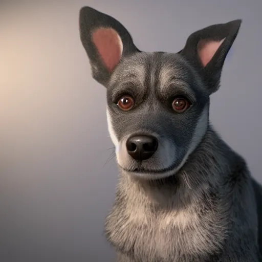 Image similar to crisp quality and light reflections, photorealistic portrait, studio lighting, still photo of a cute dog in the uncanny valley, bright studio setting, highly detailed, unreal engine 5 quality render