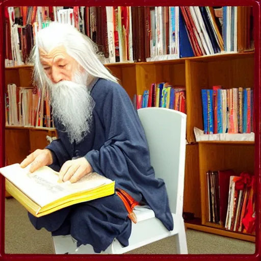 Prompt: gandalf reading books at kindergarden