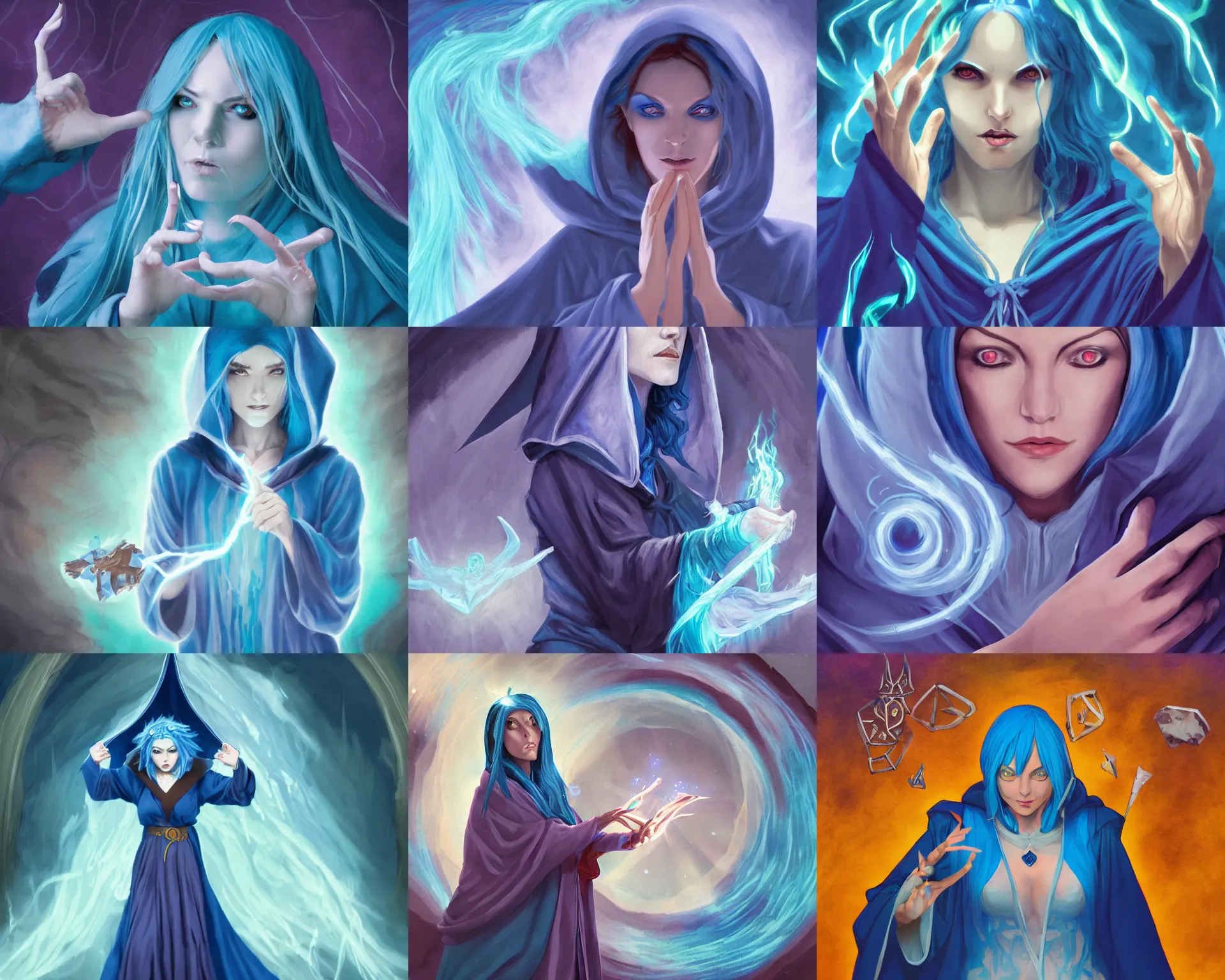 Prompt: blue haired female with hooded cult robes casting a magic spell, floating symbols, cave, dnd, rpg, cosplay, masterpiece, portrait, close shot, fantasy artwork, high fantasy, illustration style by joshua middleton,