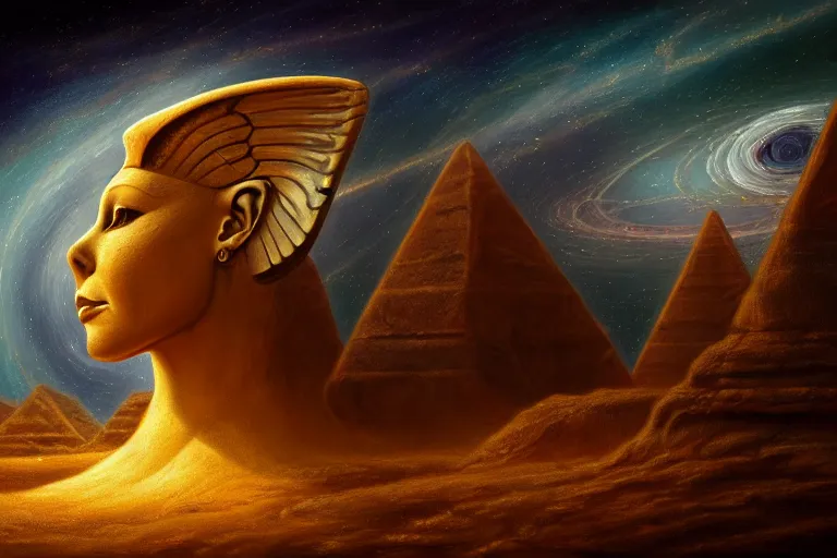 Prompt: sphinx question, illustration, chaotic, ancient, cosmic soul, gold and ebony, elden ring, cosmic night background, Phobos, volumetric lighting, soft lighting, soft details, painting oil on canvas by chris rahn and marta nael octane render, HDR, trending on artstation, 4k, 8k, HD