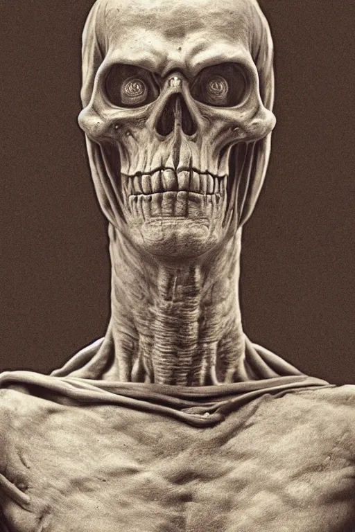 Image similar to skeletor, portrait, full body, symmetrical features, silver iodide, 1 8 8 0 photograph, sepia tone, aged paper, sergio leone, master prime lenses, cinematic