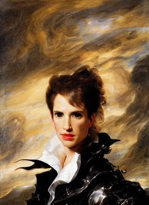 Image similar to , , rachel maddow dressed as black Canary,, Dramatic, Edge, Good, Infused, Backlight, De-Noise, VFX, insanely detailed and intricate, hypermaximalist, facial ,elegant, ornate, hyper realistic, super detailed, by Anthony Van Dyck, by Ivan Shishkin, by John Constable