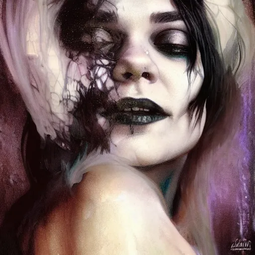 Image similar to beautiful portrait of vanessa hudgens as death from sandman, smiling, by cedric peyravernay, alphonse mucha, by jeremy mann, by lecouffe deharme, goth chic, soft lightning, eyeliner, punk rock, high detailed, 8 k