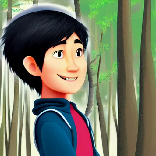 Image similar to tadashi from big hero 6 infront of a forest, profile picture, digital illustration