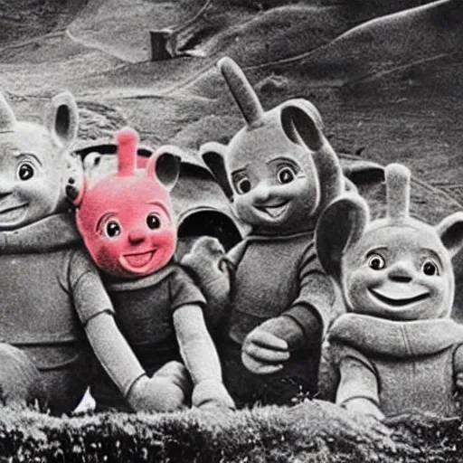 Image similar to teletubbies in a trench during world war 2