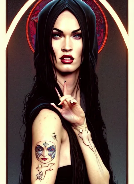 Image similar to portrait of megan fox as a satanic nun with face tattoos, catholic, church, bible, christian, intricate, headshot, highly detailed, digital painting, artstation, concept art, sharp focus, cinematic lighting, illustration, art by artgerm and greg rutkowski, alphonse mucha, cgsociety