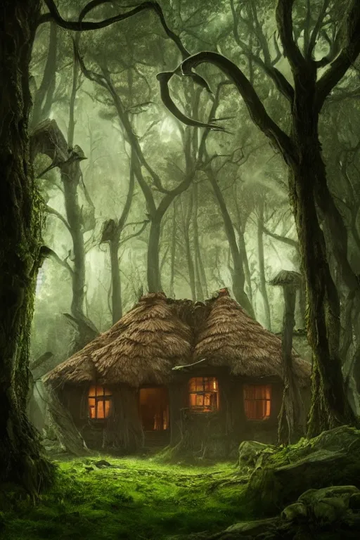 Image similar to the wooden house of a ancient witch in an ancient old forrest, eeire mood, lush vegetation, Dynamic lighting, cinematic, establishing shot, extremely high detail, photo realistic, cinematic lighting, , post processed denoised, concept design, concept art, artstation, matte painting, midjourney, style by alex ross, raphael lacoste, eddie mendoza