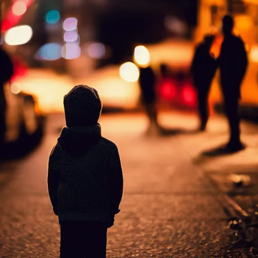 Prompt: a siluette of a child from behind stand in a street of new york at night, photorealistic, cinemastyle, bokeh, deph of field