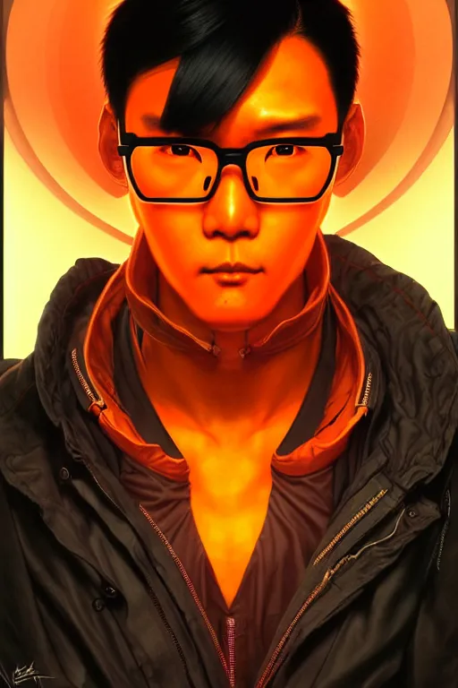 Image similar to a japanese man with short black hair, broad shoulders, thick round spectacles, wearing a bright orange bomber jacket, seductive cyberpunk dark fantasy, art by artgerm and karol bak and moebius and alphonse mucha and greg rutkowski, hyperdetailed, ultrarealistic, octane render