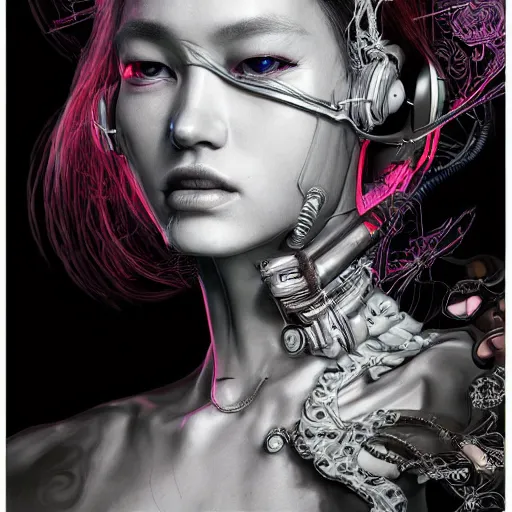 Prompt: the portrait of an absurdly beautiful, graceful, elegant, sophisticated, fashionable cyberpunk gravure idol, an ultrafine hyperdetailed illustration by kim jung gi, irakli nadar, hanna moon, intricate linework, bright colors, collage, porcelain skin, unreal engine 5 highly rendered, global illumination, radiant light, detailed and intricate environment