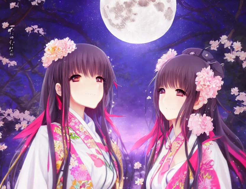 Image similar to two beautiful anime girls wear fantasy kimono in festival | | sunny night, full moon, dreamlike art, realistic shaded, smile, good looking, hyper details, 4 k realistic, cryengine, realistic shaded lighting poster by artgerm, ross tran, fuji choko, 8 k resolution, trending on artstation, luxury