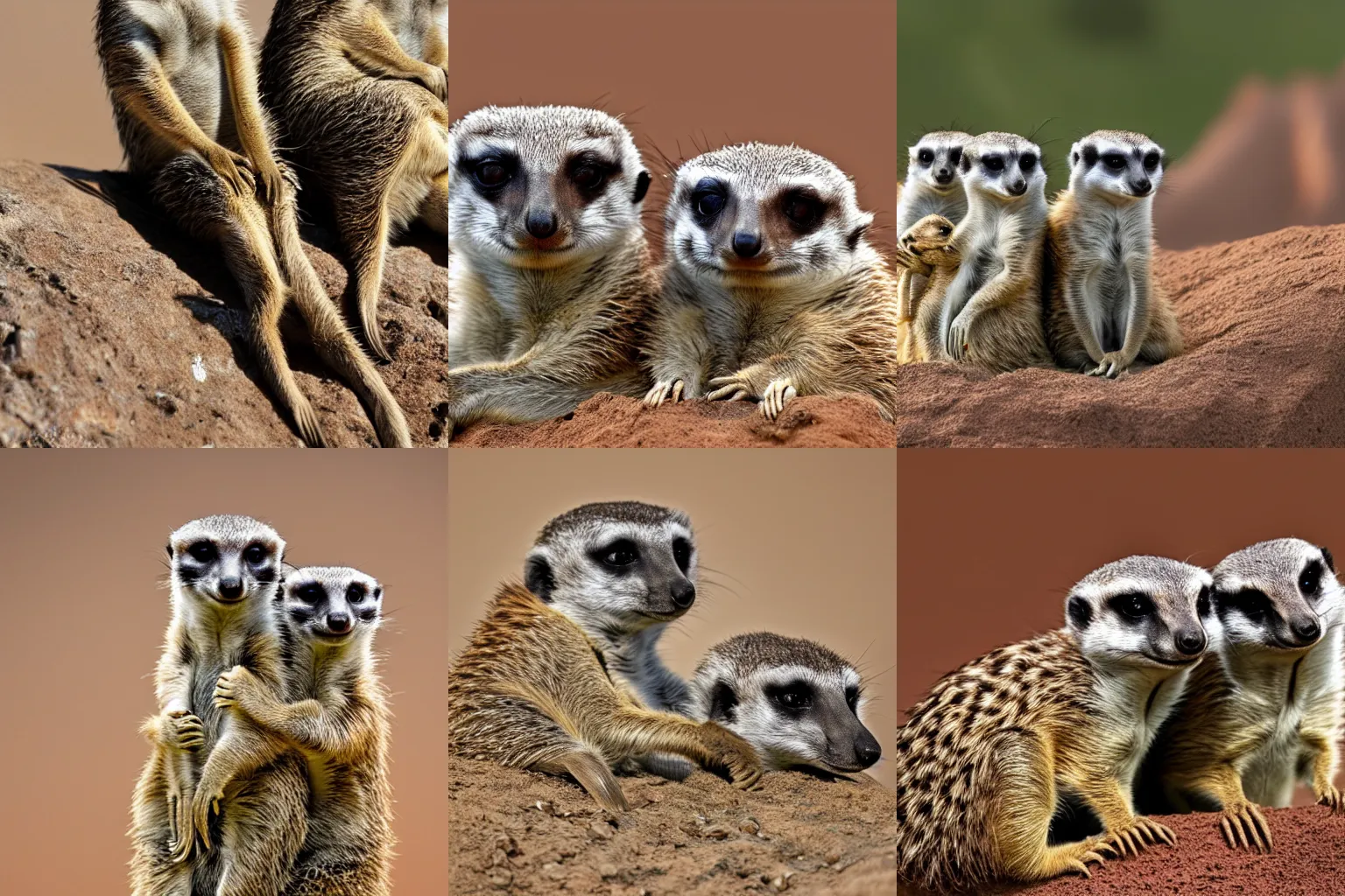 Prompt: Photo of meerkats snuggling high resolution