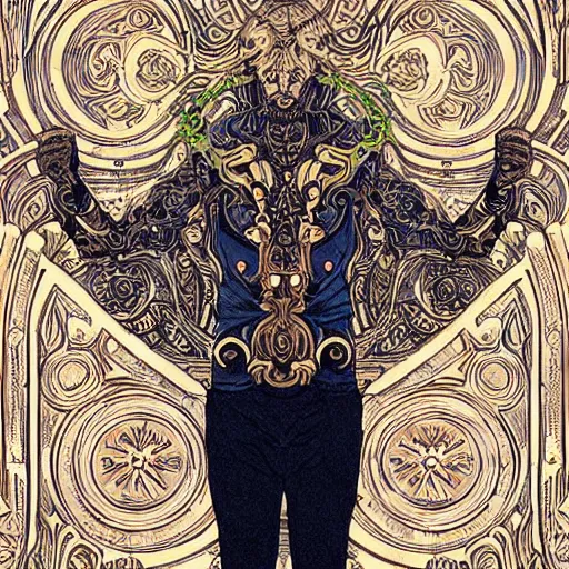 Prompt: Person levitating :: centered on a black background ::2 elements + blue + bronze + neon + baroque + rococo + white + ink + tarot card + sébastien mitton, viktor antonov, sergey kolesov, detailed, intricate ink illustration + magic + glow