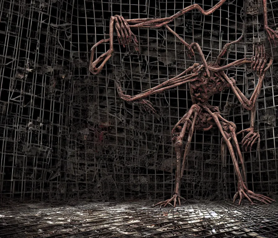 Prompt: creepy huge humanoid with long limbs sits on the floor. An underground very dark gloomy multi-layered structure of rusty thick iron grates, dense chain-link fencing and peeling walls. Inside view, collapsed floors, bent rusted iron, masterpiece, black background, corners, cinematic, hyperdetailed, photorealistic, hyperrealism, octane render, 8k, depth of field, bokeh, architecture, shadows, art by Zdzisław Beksiński, Dariusz Zawadzki