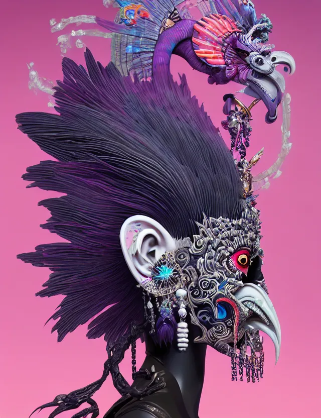 Image similar to 3 d goddess close - up profile portrait punk with mohawk with ram skull. beautiful intricately detailed japanese crow kitsune mask and clasical japanese kimono. betta fish, jellyfish phoenix, bio luminescent, plasma, ice, water, wind, creature, artwork by tooth wu and wlop and beeple and greg rutkowski