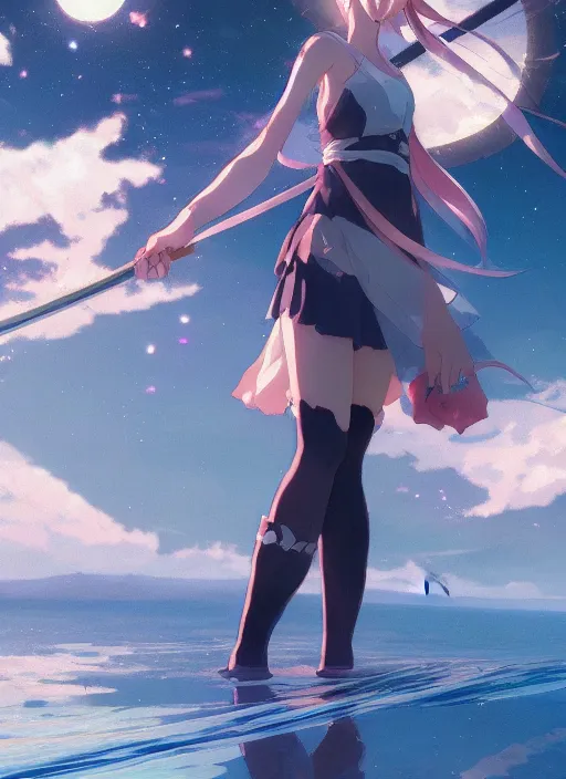 Image similar to anime girl with a katana walking on water, ripples, saturn in the background, low angled, illustration, concept art, anime, key visual, trending pixiv fanbox by wlop and greg rutkowski and makoto shinkai and studio ghibli