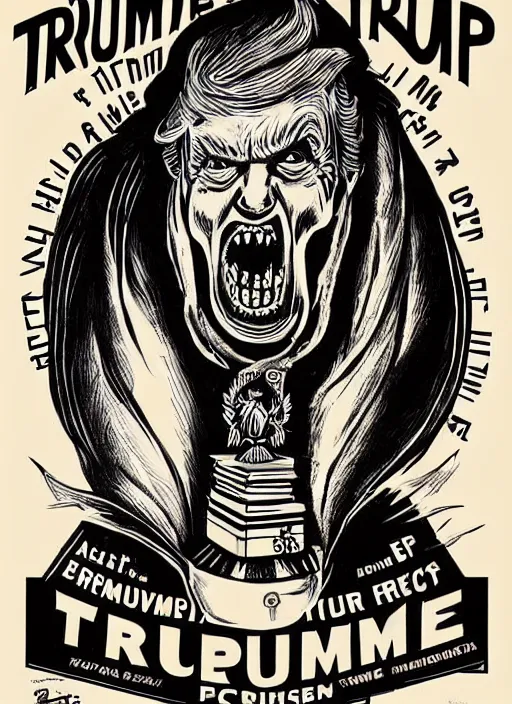 Prompt: Donald Trump's true form on a 1950s horror movie poster, inking, vintage 50s print, detailed, scary, horror, screen print, trending on artstation