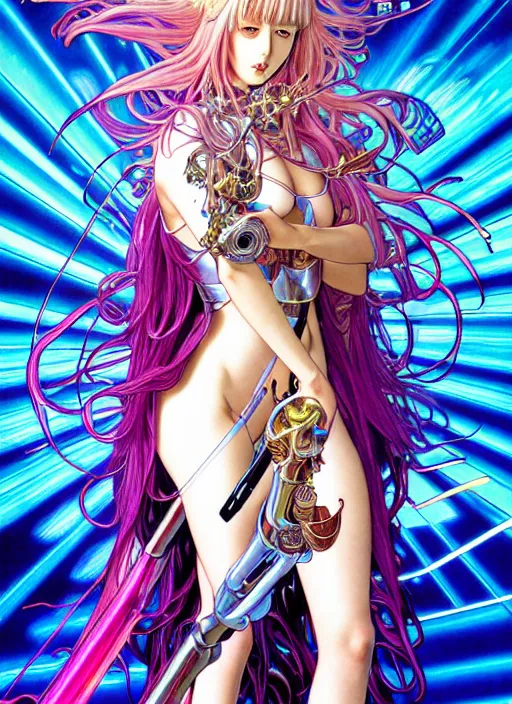 Image similar to highly detailed hajime sorayama terada katsuya artstation manga poster of girl mechine, rainbow gradient reflection bloom, long hair, weapon, armor, dress, laces, ruffles, 8 k, maximalist, ayami kojima, alphonse mucha