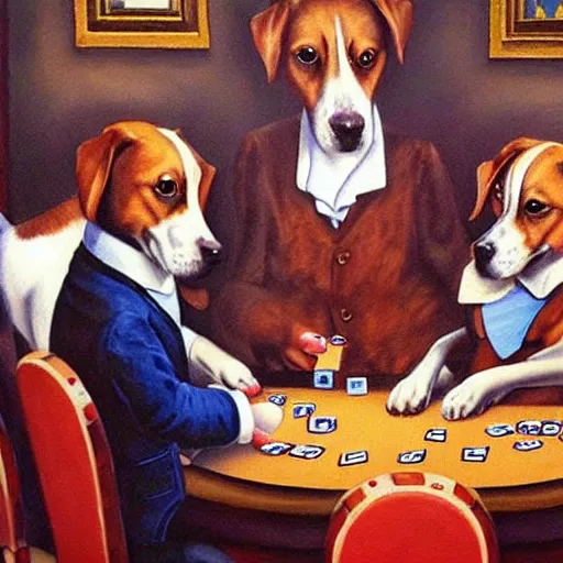 Image similar to 4 dogs playing poker oil painting high detail,