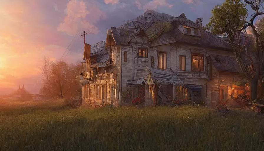 Image similar to beautiful painting of house in russian village during sunset, wide shot, digital painting, intricate details, trending on artstation, concept art, octane render, realistic, highly detailed, smooth, sharp focus, beautiful, 4 k, 8 k, hd, art by charlie bowater and artgerm and greg rutkowski