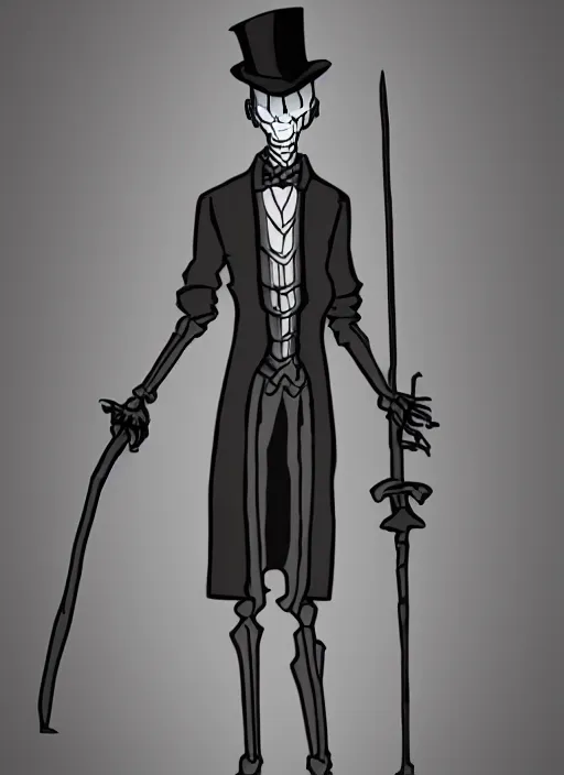 Image similar to DND character concept, Tall skeletal figure, wearing a deep black suit!!! and tie and top hat, holding a golden cane. Surrounded by light blue!!! flames!!