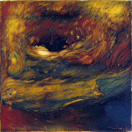 Prompt: oil paint impasto, deep under water, looking up, air bubbles, multi layered thick brush marks, some splattered paint, in the style frank auerbach and redon