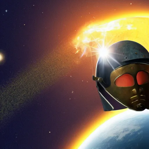 Prompt: a roman helmet flying in space with the earth in the background, sun flare.