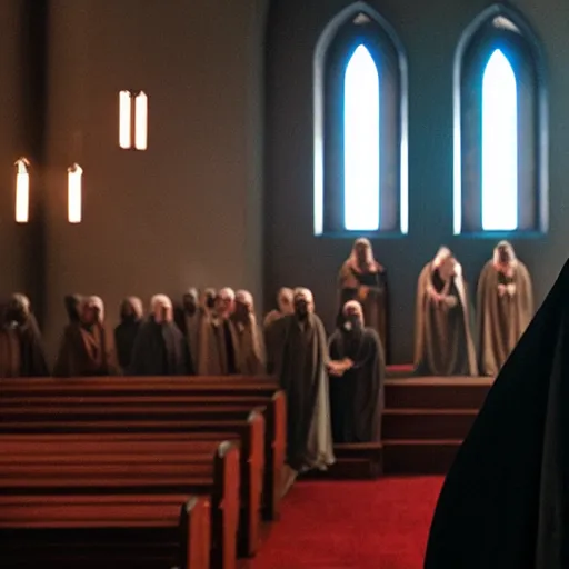 Image similar to emperor palpatine preaching to people at church, 8k cinematic lighting, very sharp detail, anatomically correct