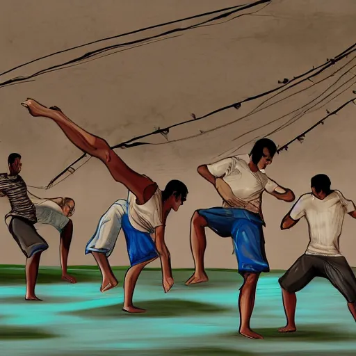 Prompt: people playing capoeira in Salvador Bahia, trending on art-station, high definition, skyrim, award-winning digital art