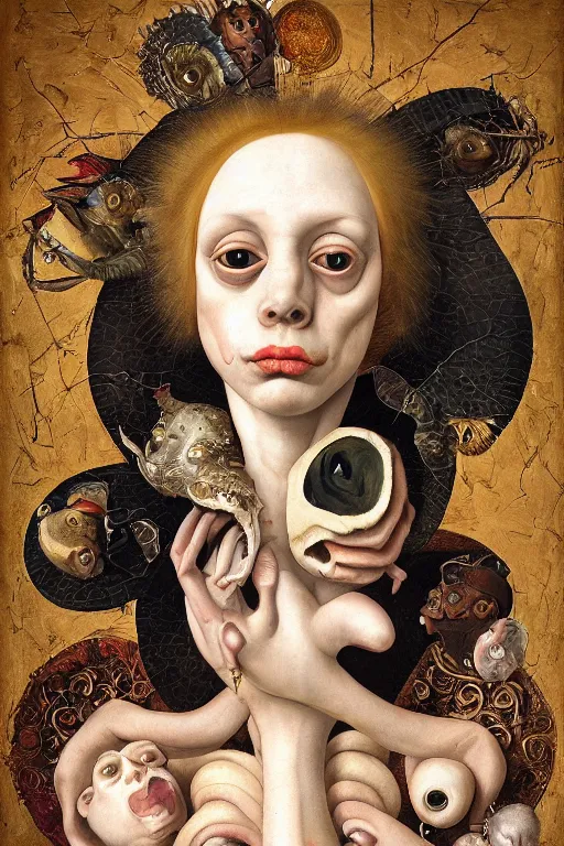Prompt: Detailed maximalist portrait with large lips and with large wide eyes, surprised expression, surreal extra flesh and bones, HD mixed media, 3D collage, highly detailed and intricate, illustration in the golden ratio, in the style of Caravaggio and Hieronymus Bosch, dark art, baroque