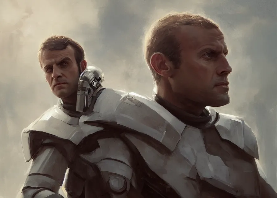 Prompt: painting portrait of Emmanuel Macron dressed as Jadus, Malgus, in Star Wars, sharp focus, waist up, trending on ArtStation, masterpiece, by Greg Rutkowski, by Ross Tran, by Fenghua Zhong, octane, clear eyes, soft render, clear facial features, oil on canvas, moody lighting, cinematic, professional environment concept art