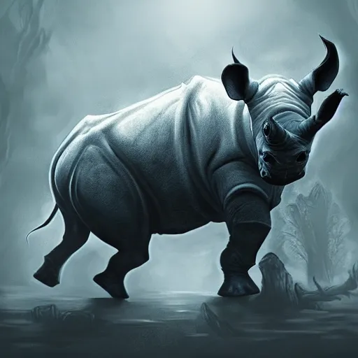 Image similar to rhino as a monster, fantasy art style, scary atmosphere, nightmare - like dream