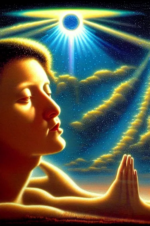 Prompt: a beautiful photorealistic render of an angel gazing into infinity, artificial intelligence seeding humanity, miraculous, spiritual science, iridescent divinity, utopian, heaven on earth by david a. hardy, wpa, public works mural, socialist