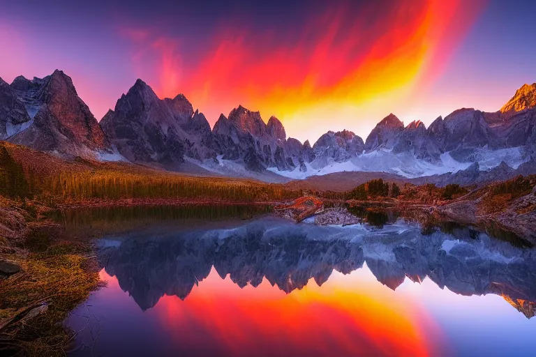 Image similar to amazing landscape photo of mountains with lake in sunset by marc adamus, beautiful dramatic lighting