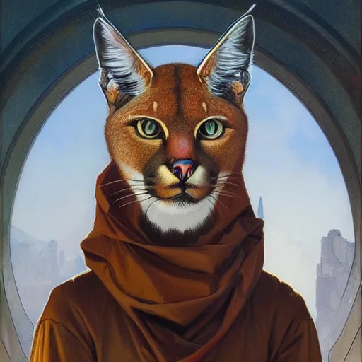 Prompt: a oil painting portrait of caracal wearing a turtleneck, highly detailed, digital painting, artstation, concept art, sharp focus, illustration, art by artgerm and greg rutkowski and alphonse mucha